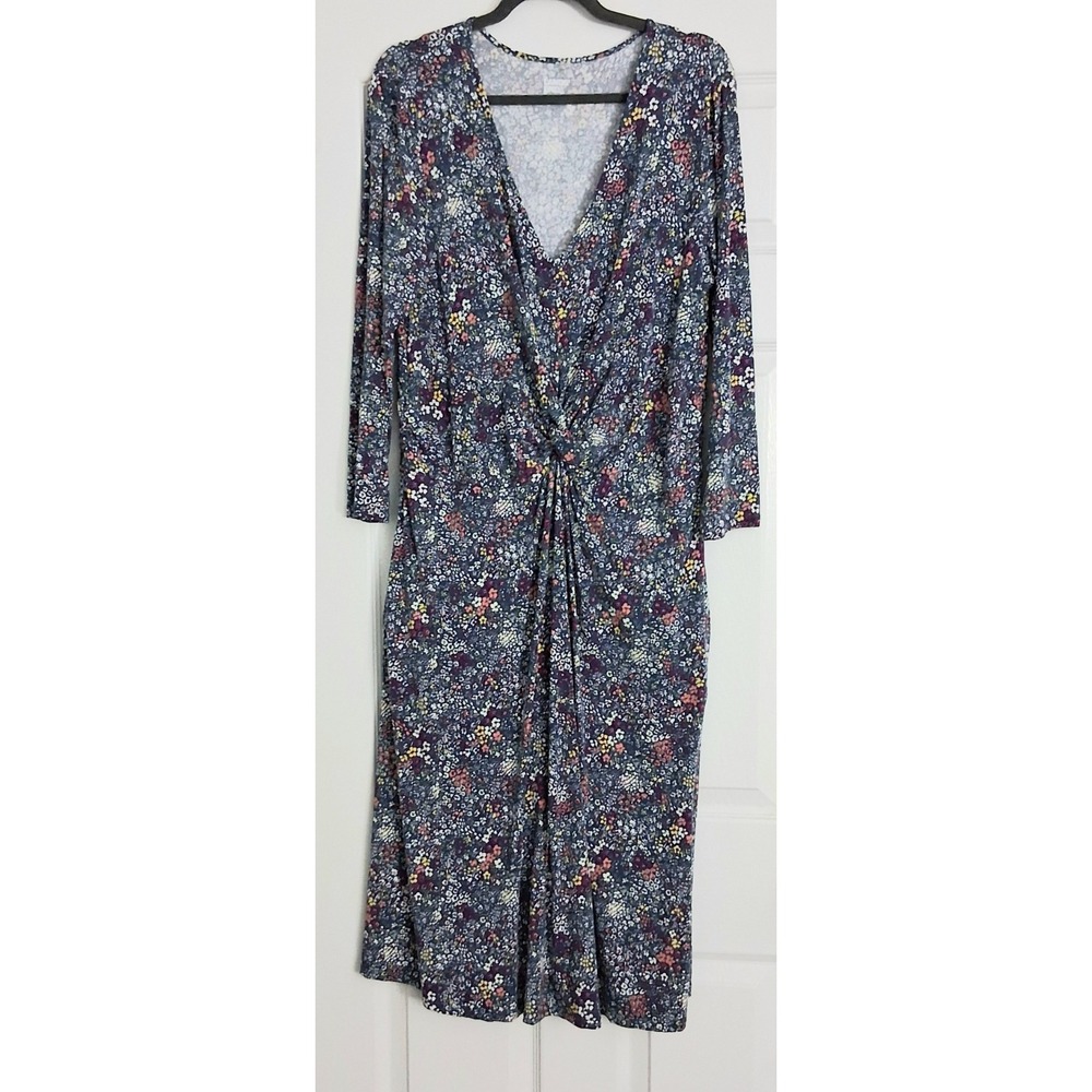 Lands‎ End Midi Dress Women's Large Tall Blue Floral Print V-neck Twist Pockets